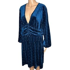 Bloomchic women blue silver polkadot long sleeve v-neck pleated dress size 14